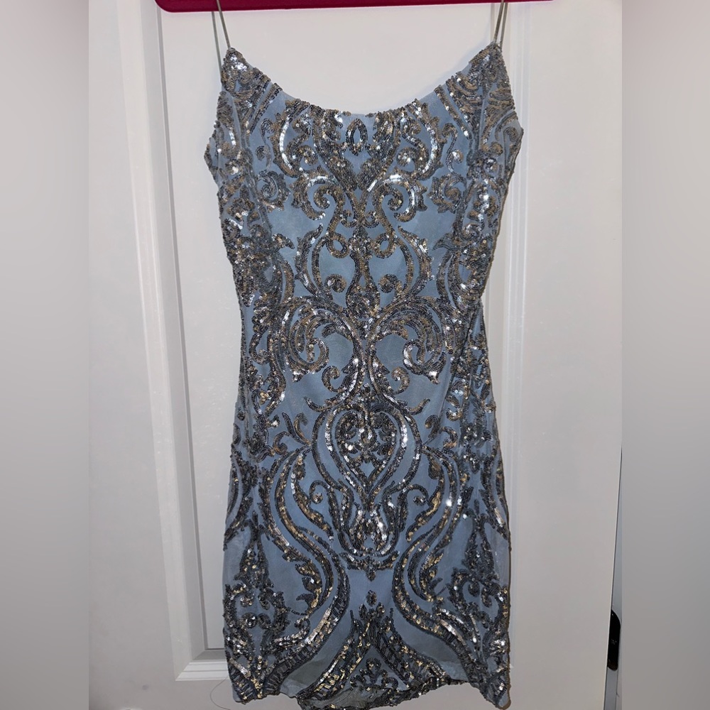 Windsor Blue and Silver Slip Mini Dress Spaghetti Strap